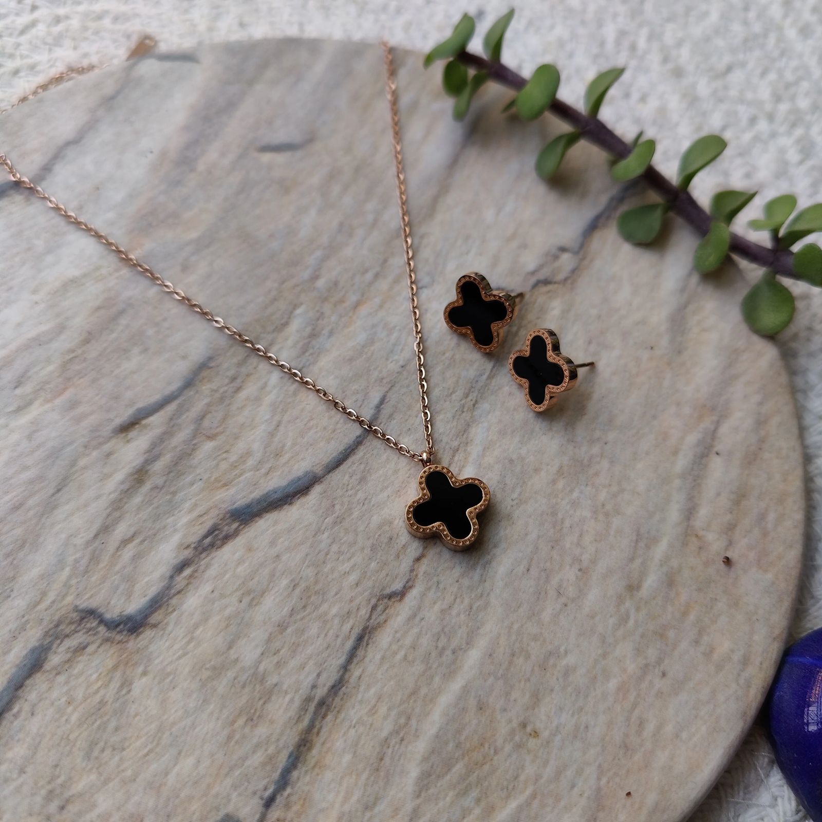 Black Clover Necklace and Earrings Pair