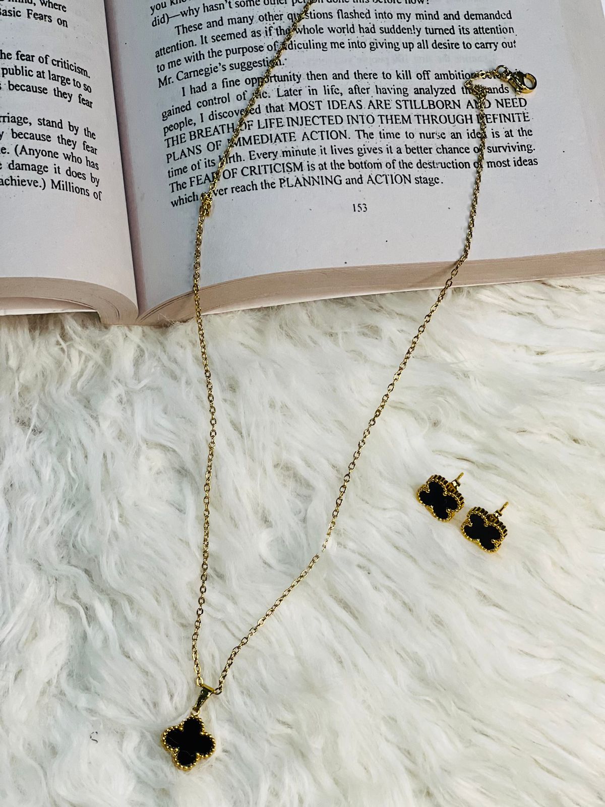 Black Clover Necklace and Earrings Pair